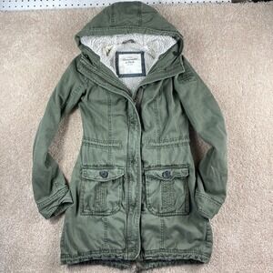Abercrombie‎ & Fitch Olive Green Hooded Sherpa Lined Military Parka Jacket XS
